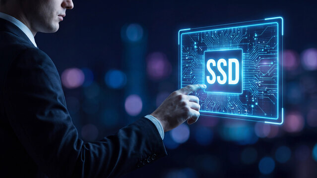 Professional businessman interacting with virtual storage screen displaying solid state drive technology concept interface using glowing neon lights