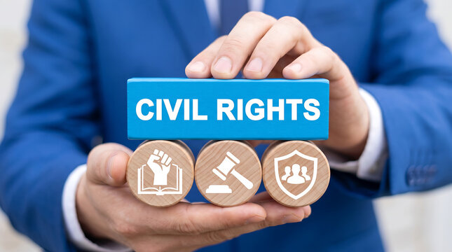 Concept of civil rights. Know your rights. Civil participation. Person holding blocks with icons sees the text CIVIL RIGHTS on blue parallelepiped. law, education, social