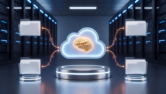 Glowing golden human brain inside a digital cloud computing icon connected with multiple folder icons representing data management