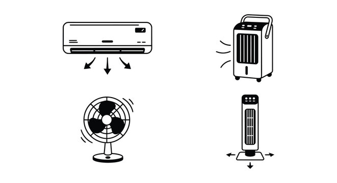 Air conditioner portable cooler fans black vector illustrations on white