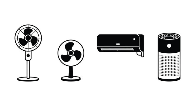 Air conditioner portable cooler fans black vector illustrations on white