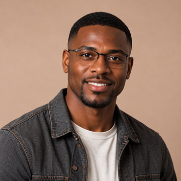 Portrait of a young dark-skinned man isolated in a light brown background with copy space, Charming handsome young man professional profile picture. studio lighting, friendly and confident expression
