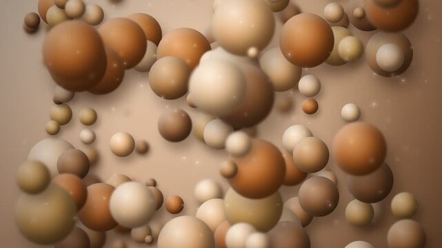 Numerous diverse spheres float suspended in space, displaying a rich spectrum of warm brownish and beige hues that create a dynamic sense of depth and movement across the entire composition