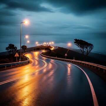 Winding dark asphalt road illuminated by glowing streetlights at dusk