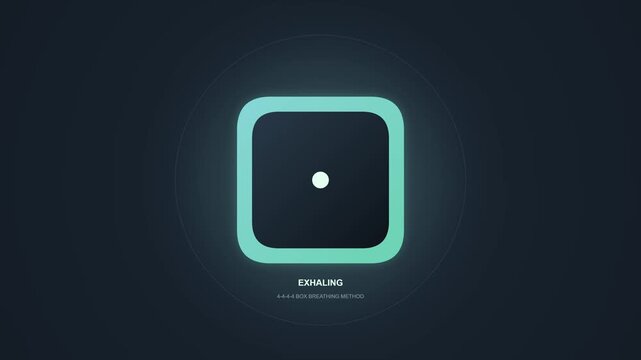 Minimalist 4-4-4-4 box breathing animation for meditation, relaxation, anxiety relief, and deep breath mindfulness exercise on dark background