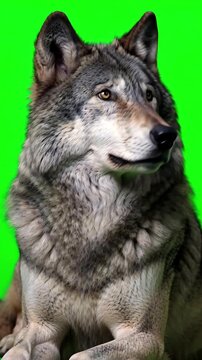 Majestic gray wolf sitting calmly against a chroma key green screen background while looking around and blinking slowly for VFX compositing