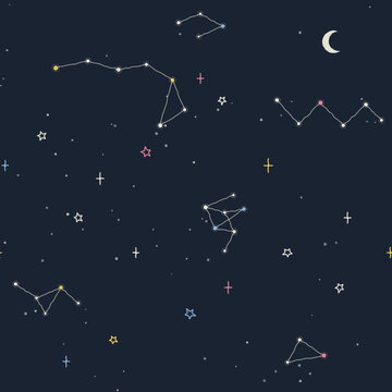 Seamless chalk constellation pattern on dark night board, hand-drawn stars