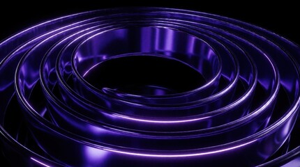 Fototapeta premium Abstract 3D metallic rings rotate in dark space. Glowing purple neon lights shine on circular chrome loops. Futuristic motion design with fluid waves, rhythmic pulsations. Dark background creates