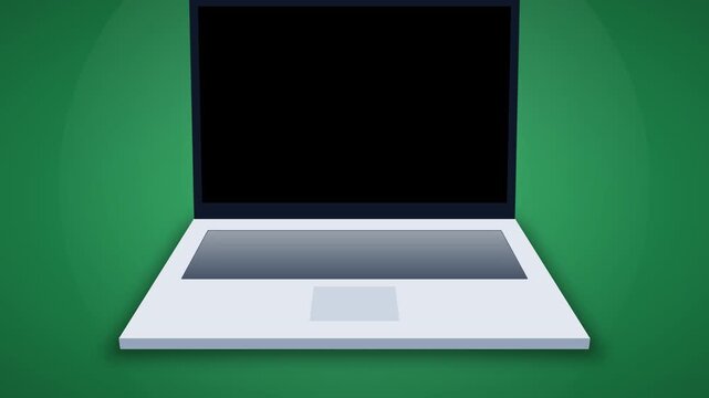 A premium 3D motion graphics animation of a realistic laptop. Features a smooth hinge opening, a soft screen boot sequence (black to bright white) casting realistic ambient glow, and subtle active dev