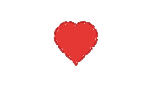 A lively 2D animation of a red heart with a brush stroke texture on a white background. Features a soft heartbeat pulse, a vibrating paint texture effect, and a stronger second pulse with a subtle ela