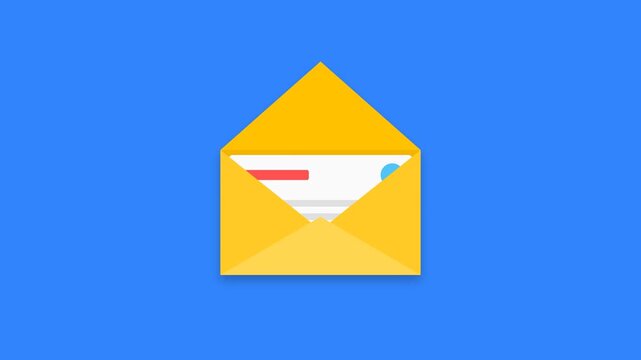 A clean 2D vector animation of an extra-large yellow envelope opening to reveal a large white paper sliding out in two sequential steps. Features natural paper movement, smooth easing, realistic antic
