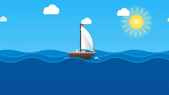 A lively 3D vector illustration of a sailboat smoothly sailing from left to right across the ocean. Features billowing white sails, a fluttering red flag, continuous flowing waves, and natural bobbing