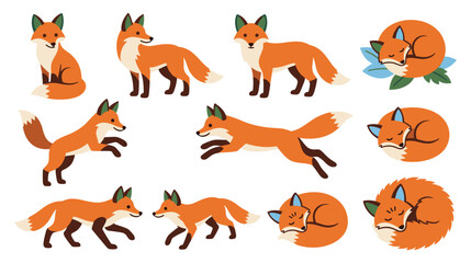 Obraz premium Cute red fox poses including jumping running and sleeping in various artistic flat styles.