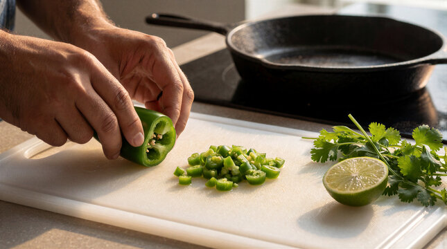Jalapeno dicing, Hispanic man in 20s with average build slicing chili pepper on plastic cutting board in kitchen