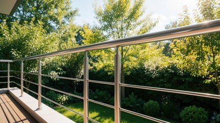 Obraz premium Modern stainless steel railing on balcony terrace. Metal balustrade with horizontal bars provides safety on outdoor deck. Sunny day view of green garden trees, rich backyard foliage. Contemporary