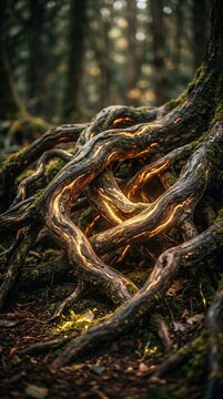 Intricate Tree Roots Illuminated by Golden Light in a Forest.
