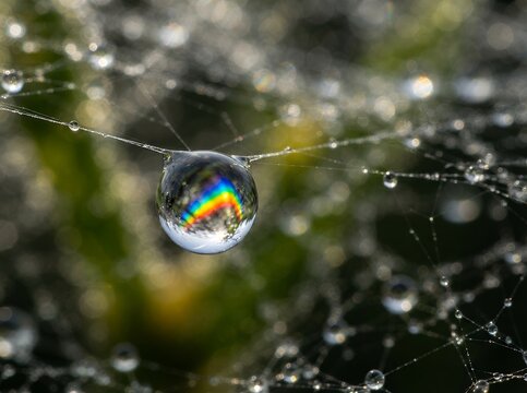 Macro shot of a water droplet on a spider web reflecting a rainbow.