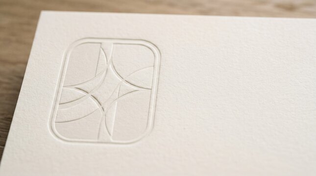 Elegant minimalist paper letterpress and deboss logo mockup with geometric abstract line art on textured white cardstock