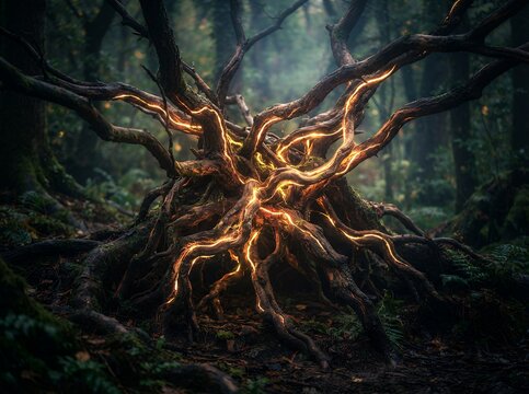Mystical glowing tree roots in a dark forest.