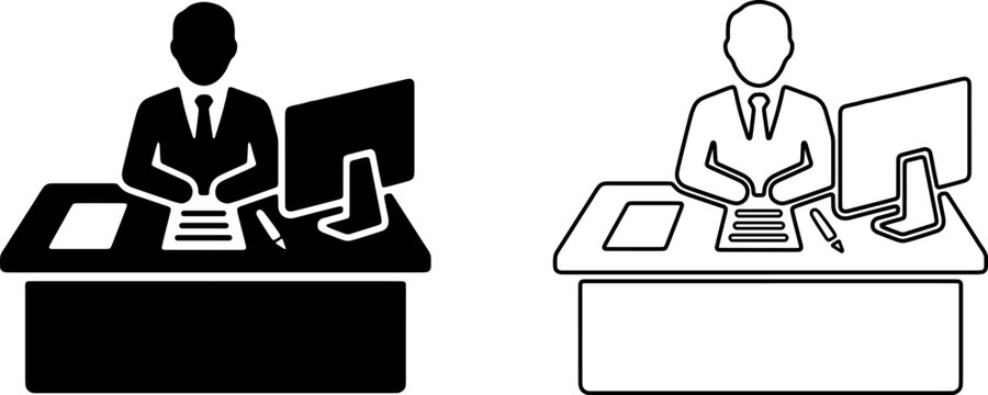 Receptionist desk worker office computer flat line icon