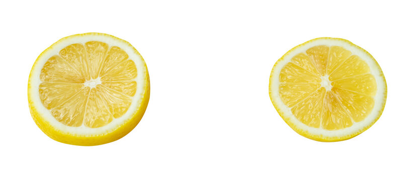 Top view set of yellow lemon slices in circle shape isolated  with clipping path in png file format