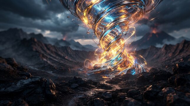 Powerful Tornado with Fiery Energy Swirling Above a Dark Landscape.