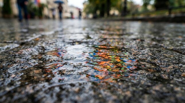 Rainy day reflections on wet cobblestone street with blurred people walking.