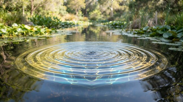 Ripples on a calm forest pond with lush green foliage and trees.