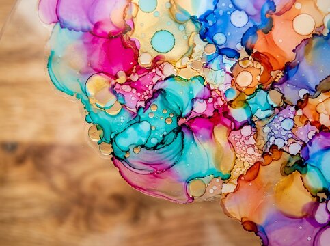 Vibrant Abstract Alcohol Ink Art with Swirling Colors and Organic Shapes.