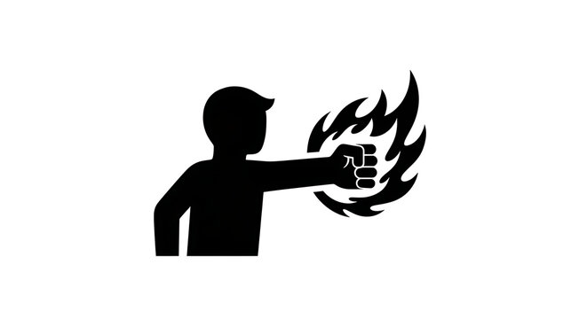 Black silhouette of a person punching with a flaming fist isolated