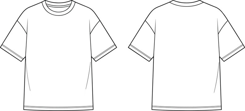 Blank oversized drop shoulder t-shirt fashion flat sketch front and back view technical drawing vector template