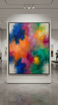 Vibrant Abstract Painting Displayed in Modern Art Gallery Exhibition.