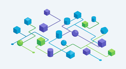Obraz premium Numerous blue and green isometric geometric shapes, including cubes, spheres, and cylinders, are linked by a complex network of lines on a light blue background.