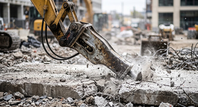 Excavator with hydraulic breaker breaking concrete slab at a construction demolition site.