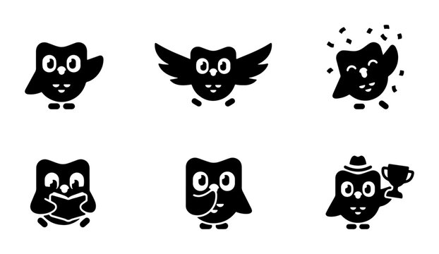 Owl icons set with flying, reading, celebrating, and winning a trophy for education and learning