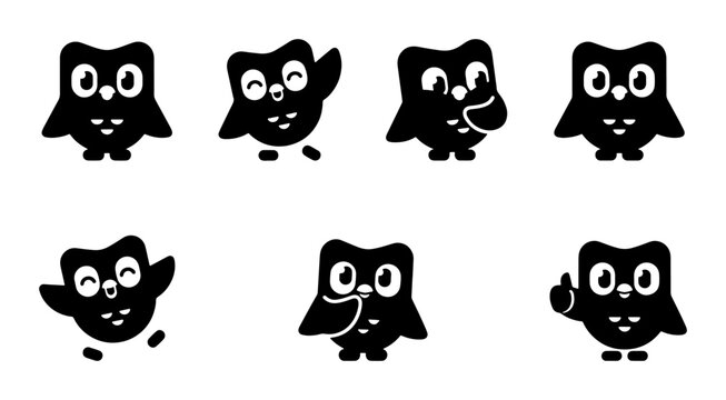 Duolingo owl icons set with happy, jumping, thumbs up and waving characters for app and web