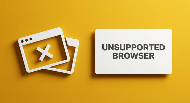 Unsupported browser concept with web window error icon on yellow background