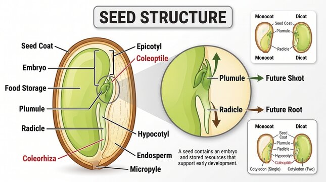 Seed Structure Anatomy Infographic Showing Monocot and Dicot Embryo Development and Biological Parts for Botanical Education