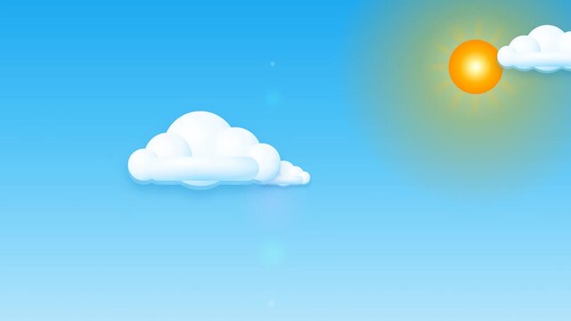 A vibrant 3D cartoon sky featuring 5 puffy white clouds floating left to right in parallax, a pulsing yellow sun with rotating rays, subtle lens flares, and soft volumetric lighting in a seamless 60fp