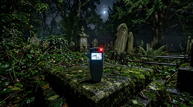 EMF meter placed on an ancient, moss-covered tombstone in an overgrown cemetery at night