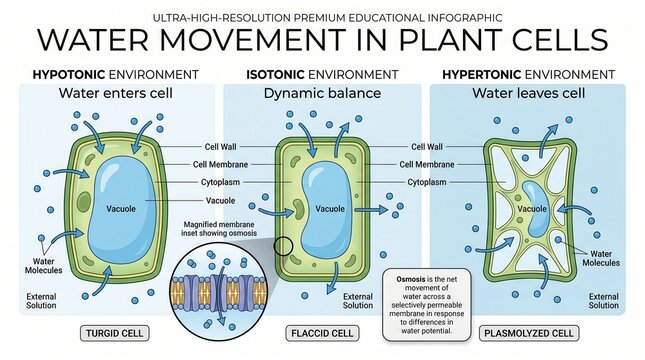 Plant Cell Osmosis Infographic Showing Water Movement in Hypotonic Isotonic and Hypertonic Environments Vector Illustration