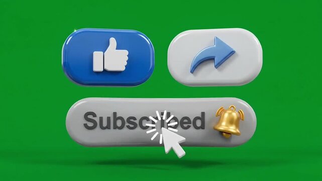 Social media icon buttons appearing with like, share, subscribe, and bell notifications on green screen video footage