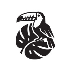Obraz premium Black and white vector silhouette logo of a toucan bird perched on tropical monstera leaves