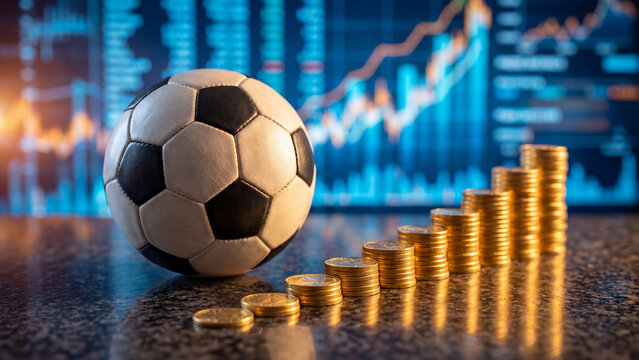 Classic soccer ball placed beside ascending stacks of shiny gold coins against vibrant blue chart displays