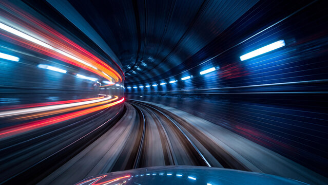 Futuristic subway train moving rapidly through dark glowing tunnel featuring vibrant neon blue and orange streaks