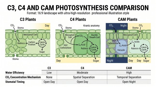 C3 C4 and CAM Photosynthesis Comparison Infographic Chart Illustrating Plant Carbon Fixation Pathways and Metabolic Differences