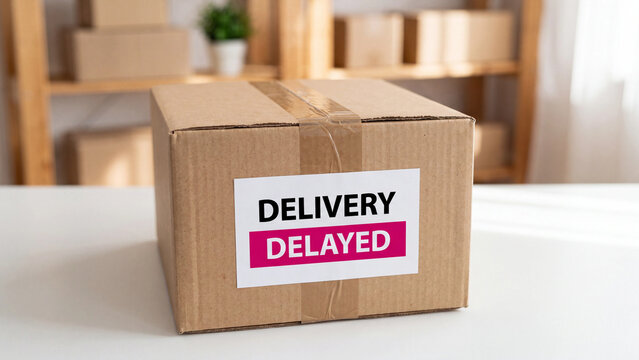 Cardboard delivery box with delayed status label sitting on a white table inside warehouse storage facility