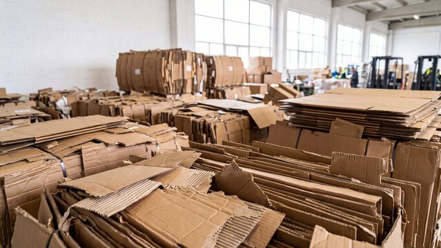 Stacked corrugated cardboard boxes and paper waste bundled inside a bright industrial recycling facility warehouse during daytime
