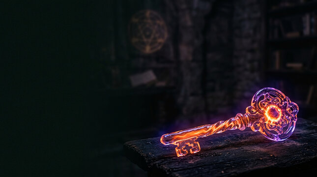 Magical glowing key with orange and purple energy on a dark wooden table in a mysterious dungeon for a spooky Halloween background concept
