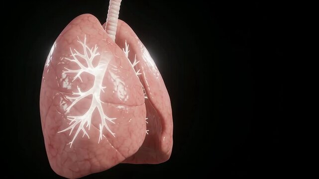 3D medical illustration of human lungs and trachea showing respiratory system anatomy against a black background